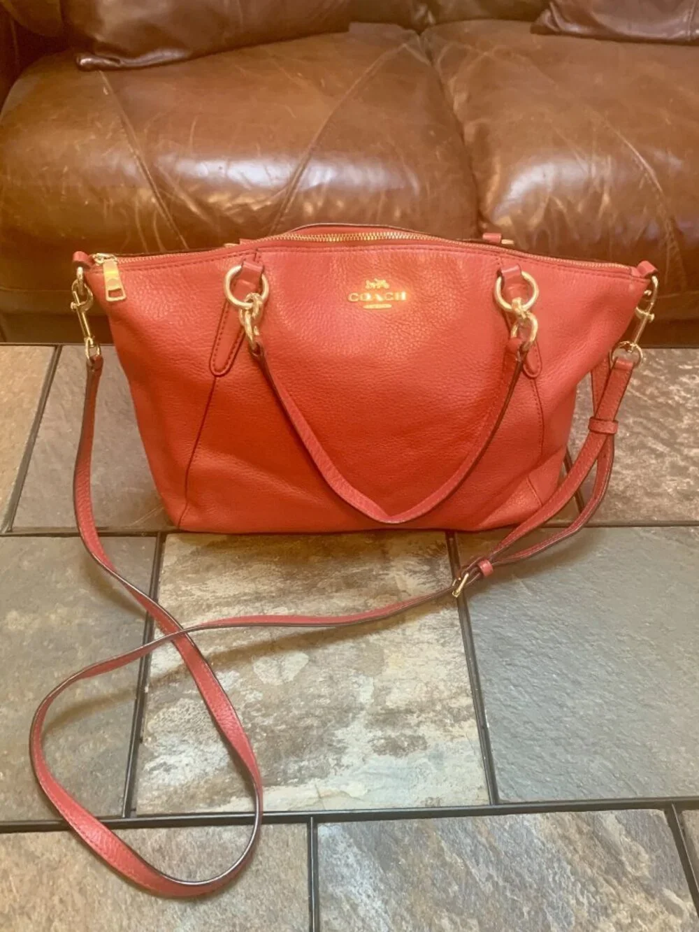 COACH Kelsey Pebbled Red Leather Satchel Crossbody Bag